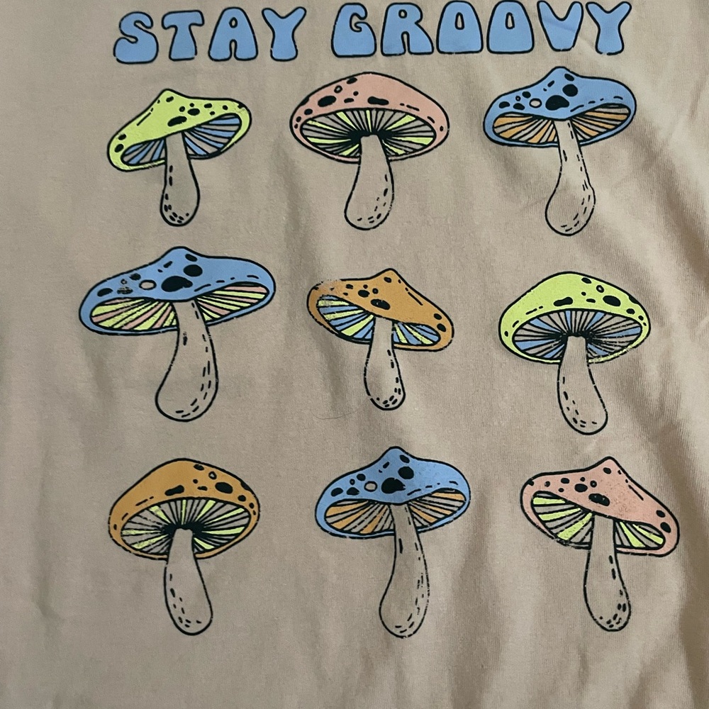 Super cute graphic tee, “Stay Groovy” in a peach color with mushrooms under - Picture 2 of 3